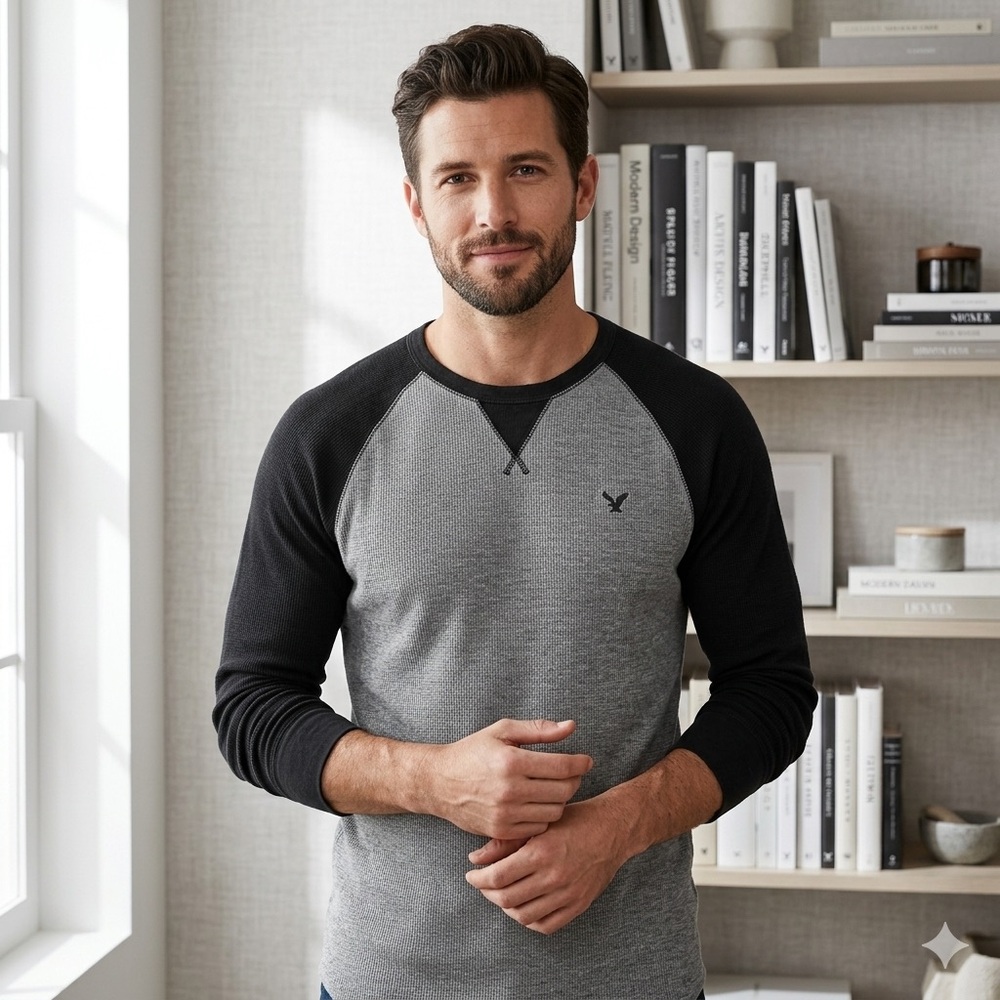 AE American Eagle Mens Heritage Thermal Raglen Long Sleeve Gray/Black Size S